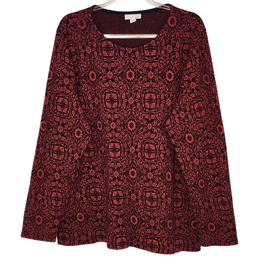 J. Jill Medallion Jacquard Knit Top Size L Red‎ Black Long Sleeve Boho Artistic